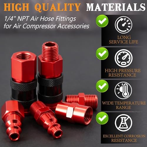 25 PCS Universal Air Coupler & Plug Kit 1/4" NPT Aluminium Alloy Air Compressor Accessories with 360 Degree Swivel Hose Fittings,1/4 Inch Lightweight Quick Connect Compressor Hose Fittings - size: Aluminum alloy