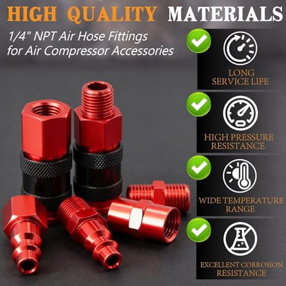 25 PCS Universal Air Coupler & Plug Kit 1/4" NPT Aluminium Alloy Air Compressor Accessories with 360 Degree Swivel Hose Fittings,1/4 Inch Lightweight Quick Connect Compressor Hose Fittings - size: Aluminum alloy