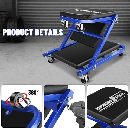 36" Folding Creeper with Tire Kit & Cross Wrench, 330 LBS, 6 Casters | Steel folding creeper converts to seat. Folds flat. 6 casters. Tire kit & 5 boxes. - color: Blue Black with Tire Kit, Wrench & Storage
