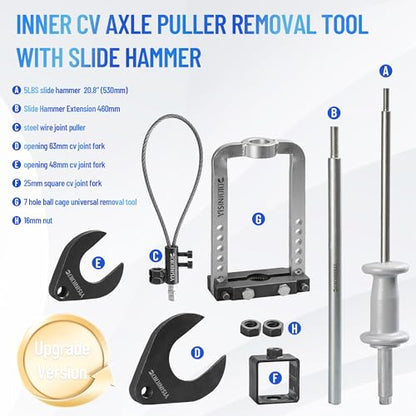 CV Axle Puller Tool, master CV joint puller set 63mm 48mm CV Joint Fork, CV Axle Removal Tool,Outer CV Joint Adapter Steel Cable Adapter,7 hole ball cage universal removal tool,Slide Hammer Extension