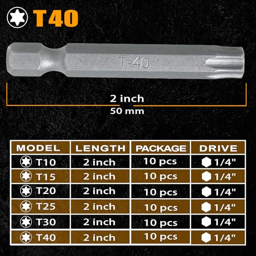 2" Magnetic T40 Torx Bits, S2 Steel Star Screwdriver Bits, 1/4" Hex Shank, CNC Precision Tips, 10-Pack in Slide-Out Storage Case, Drill/Impact Driver Compatible - size: T40