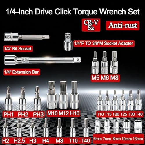 1/4" Drive Click Torque Wrench Set, 2-24 N.m, 32Pcs Bicycle Torque Wrench Kit with Extension Bar, Adapters & Bits, for Bike, Motorcycle or General Household Repair with Portable Case