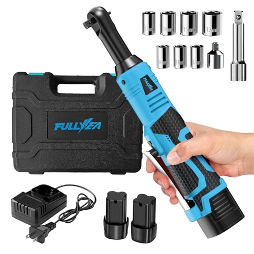 FULLYEA 3/8" Cordless Ratchet Wrench Set, 40 Ft-lbs, 550 RPM, 16.8V Electric Ratchet, Extended Power Ratchet Tool Kit with Variable Speed, 2 * 2.0Ah Battery, 1/4" Adapter & 3" Extension Bar(Blue)