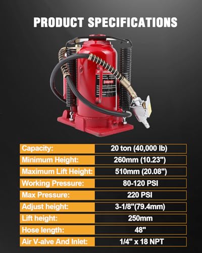 OCPTY 20 Ton Pneumatic Air Hydraulic Bottle Jack | 40000 LBS All Welded Bottle Manual Handle and Air Pump, for Car, Pickup, Truck, RV, Auto Repair, Industrial Engineering ﻿