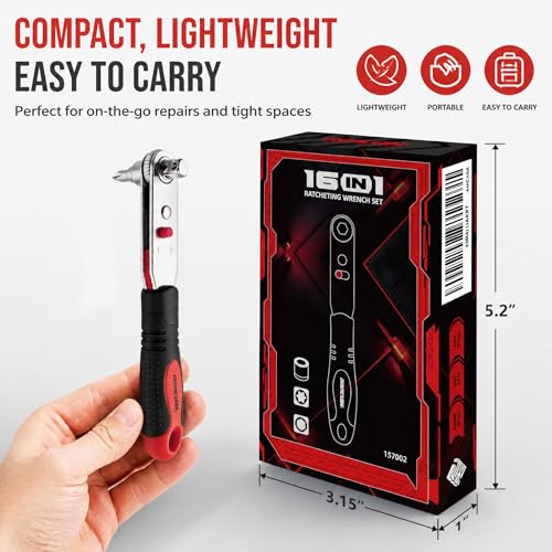IRONCUBE Angle Ratchet Screwdriver Set: 16 Piece Magnetic Bit & SAE Socket with 90 degree Mini Offset Low Profile Reversible Drive Handle - style: 16-in-1 Bits & Sockets