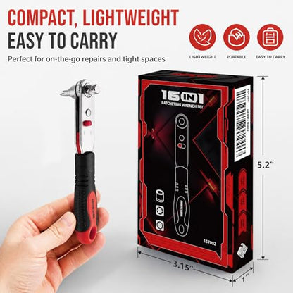 IRONCUBE Angle Ratchet Screwdriver Set: 16 Piece Magnetic Bit & SAE Socket with 90 degree Mini Offset Low Profile Reversible Drive Handle - style: 16-in-1 Bits & Sockets