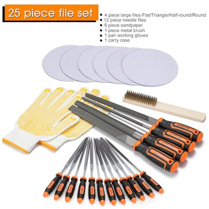 REXBETI 25Pcs Metal File Set, Premium Grade T12 Drop Forged Alloy Steel, Flat/Triangle/Half-round/Round Large File and 12pcs Needle Files with Carry Case, 6pcs Sandpaper, Brush, A Pair Working Gloves - style: 25PCS