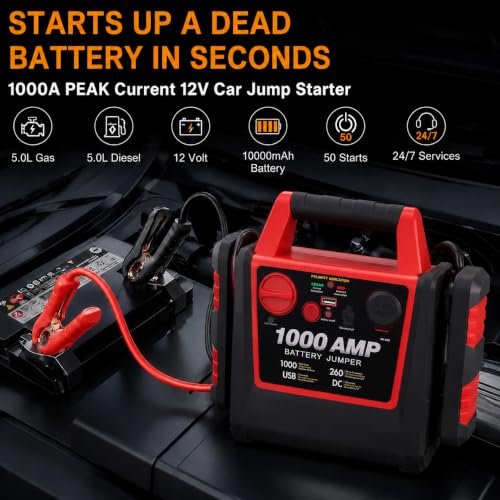 4 in 1 Battery Booster Jump Starter with Air Compressor Portable 260PSI Tire Inflator,1000 Amp Jumper starter power pack Jump Box,12V Power Station with USB Port and DC Outlet