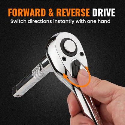 3/8" Drive Ratchet Wrench Set, 90T Quick-Release Reversible Ratchet, Cr-Mo Steel with 6" Extension Bar for Automotive & Home Repair - size: 3/8"