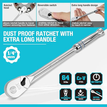 DURATECH Extra Long Handle 1/4-Inch Drive Ratchet, 90-Tooth Ratchet Wrench with 8" Handle and Dust Proof Teardrop Enclosed Head, Reversible, CR-V Steel Made, CR-MO Head, Full Polished, Gifts for Men - size: 1/4" with 8" handle