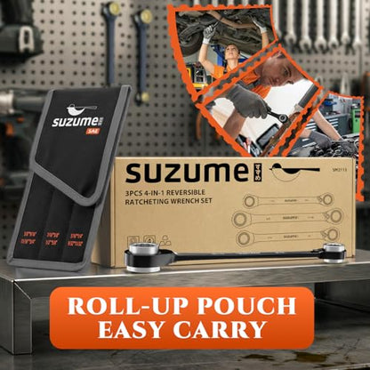 SUZUME 4 in 1 Reversible Double Box End Ratcheting Wrench set 3PCS SAE | 5/16,1/4,9/32,11/32 & 7/16,3/8,1/2,5/8 & 5/8,9/16,11/16,3/4-inch CR-V Steel for Cars Trucks SUVs and Vans Moto Bike Repair - size: SAE
