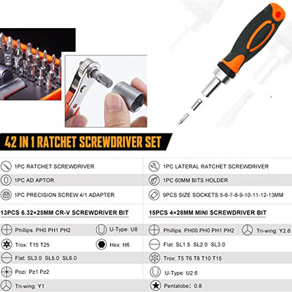 TOOLMAK 42 in 1 Ratcheting Screwdriver Set, Ratchet Wrench | Cr-V Steel, Rotatable Ratchet Handles ＆ Storage Case, Household Repair Tool Kits for Bike - style: 42pcs Ratchet Screwdriver