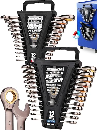 Premium 24-Piece Ratchet Wrenches Set with Magnetic Organizer, SAE 1/4"-7/8" & Metric 8mm-19mm, Cr-V Steel Ratcheting Wrench Set, Ratchet Combination Wrench Set for Automotive, Machine Repair - style: 24-Piece Ratchet (SAE & Metric)