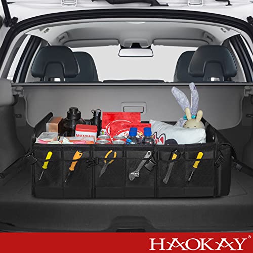 HAOKAY Collapsible Trunk Organizer with Insulated Leakproof Cooler Bag,Removable Lid,Adjustable Securing Straps,3 Compartments 5 in 1 Trunk Organizer for SUV,Truck,Sedan Jeep （95L - size: 3 Compartments with Cooler