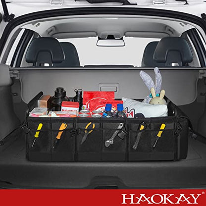 HAOKAY Collapsible Trunk Organizer with Insulated Leakproof Cooler Bag,Removable Lid,Adjustable Securing Straps,3 Compartments 5 in 1 Trunk Organizer for SUV,Truck,Sedan Jeep （95L - size: 3 Compartments with Cooler