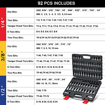 92-Piece Allen and Torx Bit Socket Set, 1/4" 3/8" and 1/2" Drive Tamper Proof Torx/Hex SAE & Metric Bit Set