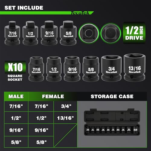 TecoTek 1/2" Drive Pipe Plug Socket Set, Square Drive Socket, 10-Piece, SAE, 4 Point Sockets, CR-MO, Tapered Male Square 7/16'' - 5/8'', Chamfered Female Square 7/16'' - 13/16''