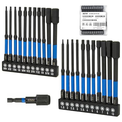 VESTTIO 23PCS 4 inch Hex Bit Set, Metric & SAE Allen Wrench Drill Bit Set, 1/4" Hex Shank S2 Steel Magnetic Allen Key Bits for Power Drill Screwdriver Impact Driver