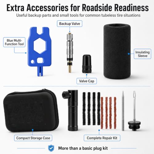 Tubeless Bike Tire Repair Kit with CO2 Inflator, Plug Tool, Strips & Storage Case