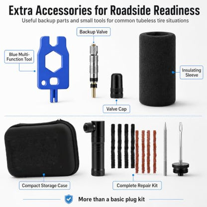 Tubeless Bike Tire Repair Kit with CO2 Inflator, Plug Tool, Strips & Storage Case