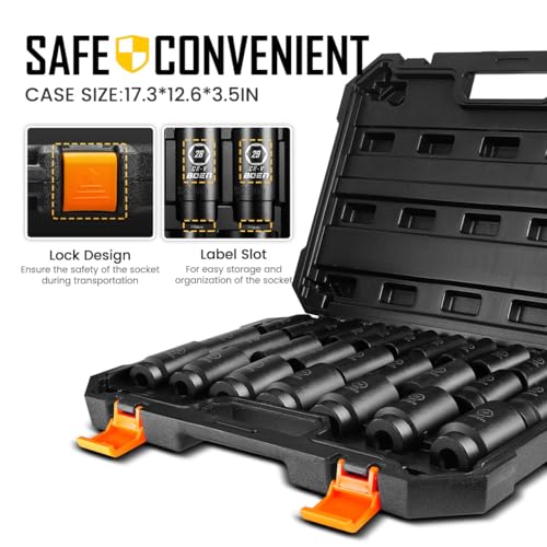 boen 10mm-36mm 1/2” Drive Metric Socket Set, Impact Deep Socket, 6-Point Axle Nut Socket with Portable Case, Rugged Construction, CR-V Steel, 27PCS