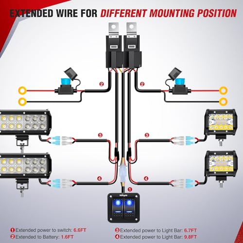 Nilight 16AWG LED Light Bar Wiring Harness Kit 12V On/Off 2 Gang Rocker Switch Panel Power Relay Blade Fuse 5Pin Toggle Switches for Cars Boat ATV Trucks-4 Leads - color: 2Gang Rocker Switch 16AWG Wiring Harness