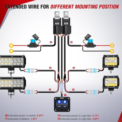 Nilight 16AWG LED Light Bar Wiring Harness Kit 12V On/Off 2 Gang Rocker Switch Panel Power Relay Blade Fuse 5Pin Toggle Switches for Cars Boat ATV Trucks-4 Leads - color: 2Gang Rocker Switch 16AWG Wiring Harness