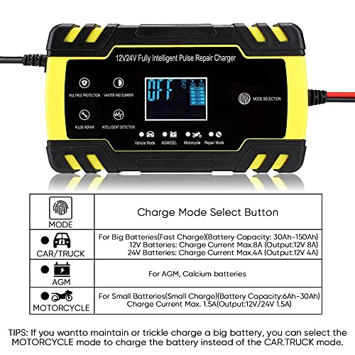 Smart Battery Charger Maintainer for Car, 110-240V(Input) 12V/8A 24V/4A (Output) Automotive Battery Charger with LCD Digital Display for Truck AGM Motorcycle Charger or Repair