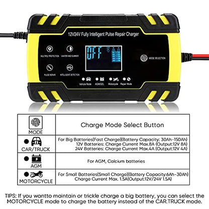 Smart Battery Charger Maintainer for Car, 110-240V(Input) 12V/8A 24V/4A (Output) Automotive Battery Charger with LCD Digital Display for Truck AGM Motorcycle Charger or Repair