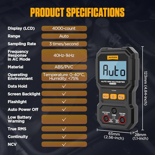 AUTOOL Digital Multimeter, Multi Meter 4000 Counts True RMS Auto-Ranging, NCV, Voltage/Resistance/Continuity/Current Tester