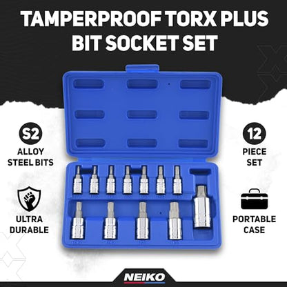 Neiko 10085A Tamperproof Torx Plus Bit Socket Set | 12 Piece | 8 IPR - 60 IPR | 5 Point Star | Cr-V and S2 Steel | High Impact ABS Blow Molded Case