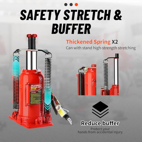 20 Ton Air Hydraulic Bottle Jack with Air-Powered or Manual Operation, One-Piece Hydraulic Cylinder Design, Air Bottle Jack with Carry Handle for Pickup Trucks, Commercial Vehicles, and Farm Equipment - color: Red