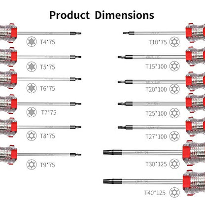 13-Piece Magnetic Torx Screwdrivers Set, Security Tamper Proof, T4、T5、T6、T7、T8、T9、T10、T15、T20、T25、T27、T30、T40 (red)