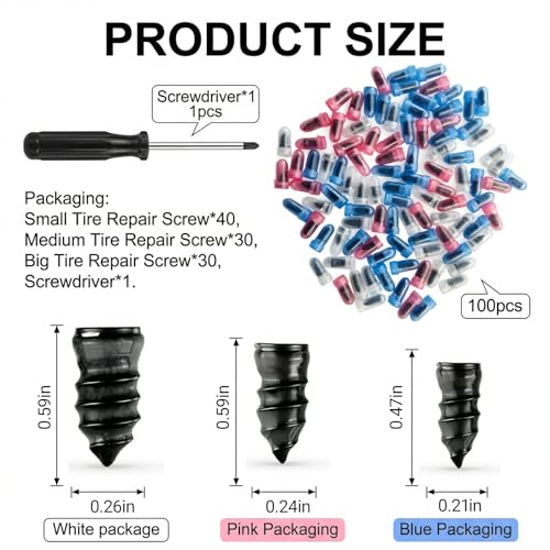 100PCS Tire Repair Screw Plug Kit, 3-Size Screw-in Plugs with Screwdriver, Self-Service Tire RepairPlugs with Screwdriver for Tires Puncture Repair, Rubber Nail Fix for Most Vehicles - size: 100 PCS