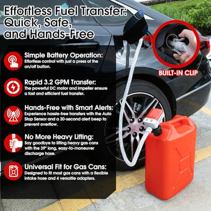 Fuel Transfer Pump with Auto-Stop Sensor-30s Alert Beep,3.2GPM,Overfill Protection,51"Hose Transfer Pump Battery Powered with 4 Tank Adapter,Portable Liquid Pump with Nozzle for Gasoline,Oil - color: Red&Grey