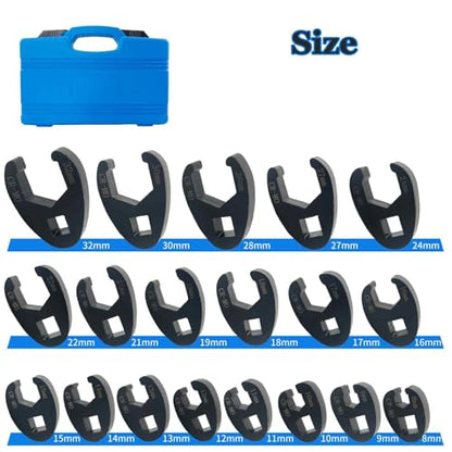 Crowfoot Flare Nut Wrench Set, 19PC Metric Tool 8 to 32 mm Sizes 3/8" & 1/2" Drive for Ratchets & Torque Wrenches(12Pcs for 3/8" drives, 8mm-19mm; 7Pcs for 1/2" drives, 21mm-32mm.