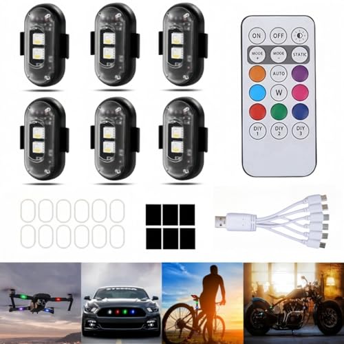 6PCS Wireless LED Strobe Lights with Remote Control, Wireless LED Warning Lights 8 Colors USB Charge IP65 Waterproof Anti-Collision, for Car Interior Motorcycle Bike Drone Car Truck RC Aircraft - size: 6PCS (Regular 2LEDs)