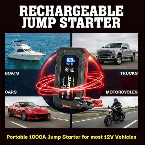 Bullseye SafetyXL 12V 1000A Car Battery Jump Starter Box with Jumper Cables | Spark + Reverse Polarity Protection, 1800 mAh, Rechargeable Power Bank, LED Flashlight - for 6.0L Gas / 3.0L Diesel Engines
