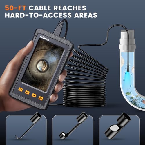 50FT Endoscope Camera with Light, Oiiwak Snake Borescope Endoscope Inspection Camera for Pipe Sewer Drain Plumbing Inspection 1080P HD 4.3" IPS Screen IP67 Waterproof - style: Singlel Lens-8.5mm