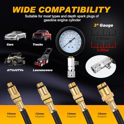Nilight Compression Tester Kit, 8PCS Petrol Gas Engine Cylinder Pressure Gauge 0-300 PSI Automotive Tool for Cars Trucks Motorcycles - color: 8pcs