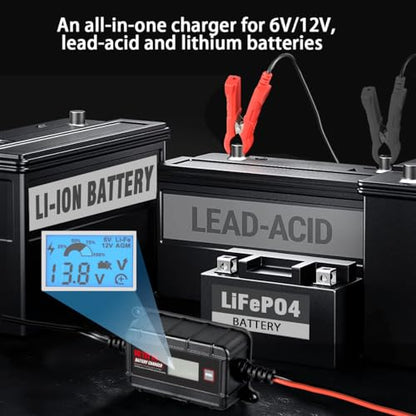 TN TONNY 6V 12V Battery Charger 2A Car Battery Maintainer, 6/12V Lead Acid & 14.6V LiFePO4/12.6V Li-ion Battery Trickle Charger Maintainer for Car/Motorcycle/ATV/Lawn Mower