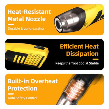 DELI Mini Heat Gun, 350W Dual Temp 500℉/842℉ (260℃/450℃) with Reflector & Extra Nozzles, 6 FT Cable, Overload Protection – for Crafting, Vinyl Wrap, Epoxy, Resin, Shrink Tubing (Yellow) - color: Yellow