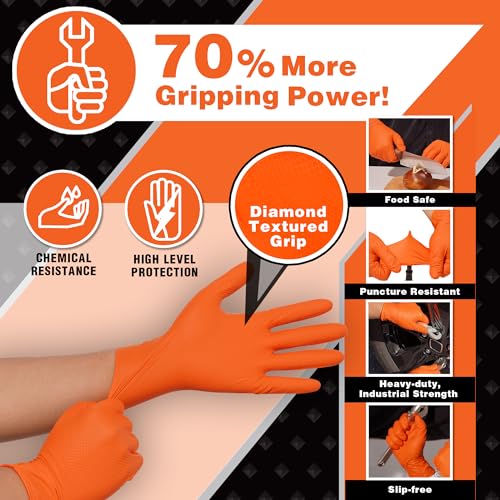 Industrial Nitrile Gloves – Heavy Duty Latex & Powder Free Disposable Gloves with Diamond Texture - color: Orange, size: Small (Pack of 50)