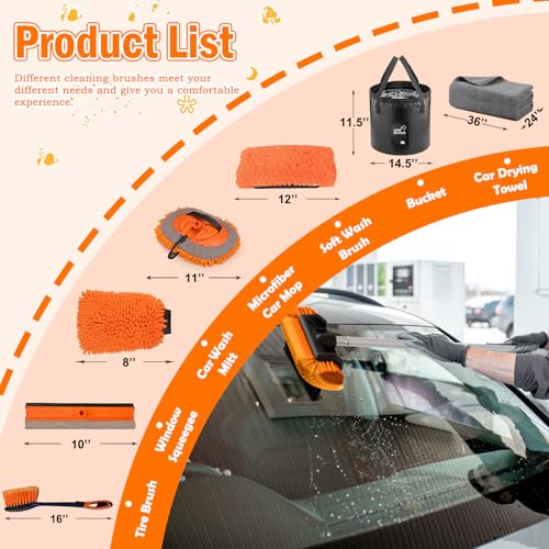 LAANPOLE 12FT Car Wash Brush with Long Handle, Car Cleaning Kit with Soft Bristle Wash Brush, Microfiber Cleaning Mop, Window Squeegee, Mitt, Wheel Brush, Bucket, Drying Towel for RV, Truck, Boat - size: 12FT