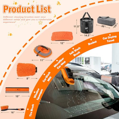 LAANPOLE 20FT Car Wash Brush with Long Handle, Car Cleaning Kit with Soft Bristle Wash Brush, Microfiber Cleaning Mop, Window Squeegee, Mitt, Wheel Brush, Bucket, Drying Towel for RV, Truck, Boat - size: 20FT