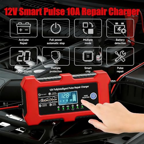 12V 10A Car Battery Charger, Smart Trickle Charger, Automotive Battery Charger with Temperature Compensation/Desulfator Maintainer for Car、Motorcycles、Lawnmowers、Trucks