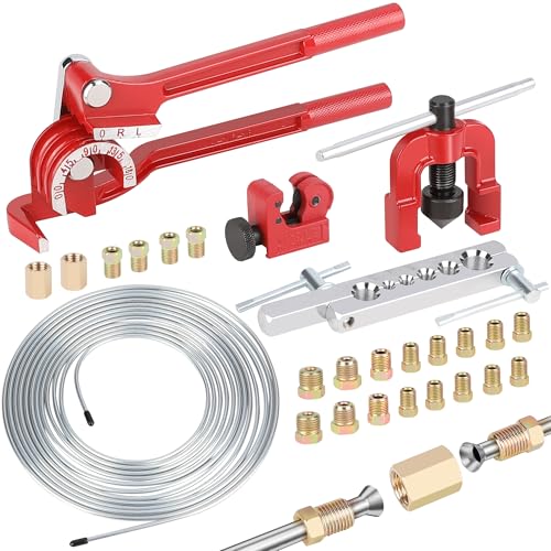 Hromee 3/16 Inch Brake Line Flaring Tool Kit with Zinc-Plated Brake Lines, 16pcs Fittings, 2pcs Union, 4pcs Nut and Single Flare Tool