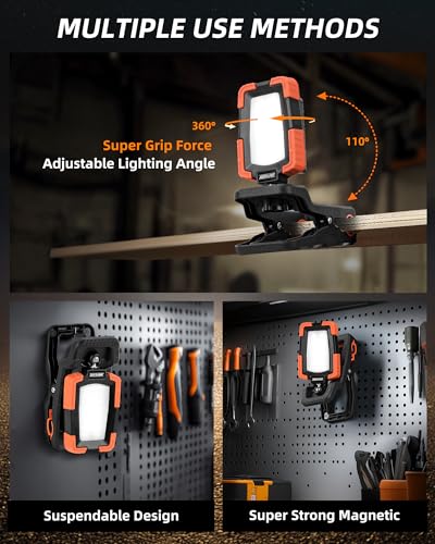 LED Rechargeable Work Light with Clamp,1600LM Magnetic Clip Work Lights with 3 Light Modes, 360° ＆ 115° Rotate Portable Clamp Work Light, IP65 Waterproof for Car Repairing, Job Site, Workshop