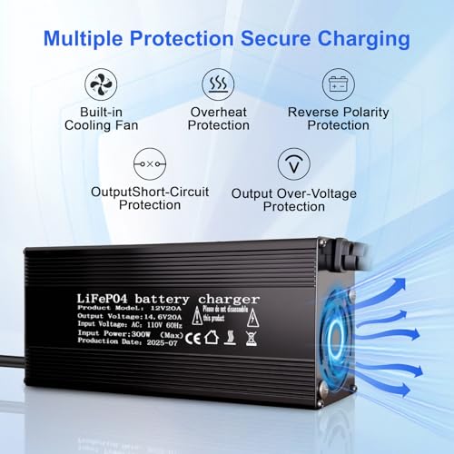 12V 20A Lithium Battery Charger 14.6V LiFePO4 Battery Charger, AC-DC Smart Charger with Anderson Connector LED Indicator, Built-in Safety Protections, Support 0V Charging Function - color: 14.6V 20A