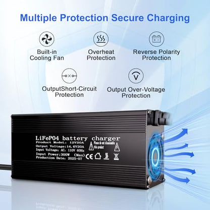12V 20A Lithium Battery Charger 14.6V LiFePO4 Battery Charger, AC-DC Smart Charger with Anderson Connector LED Indicator, Built-in Safety Protections, Support 0V Charging Function - color: 14.6V 20A